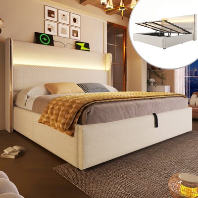 Hydraulisch bed - 140x200 - Hoog Hoofdeinde LED Stauraum USB/Type-C - Linnen - Beige - Zonder matras