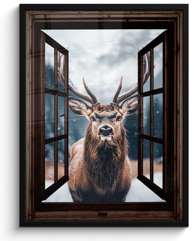 Poster in lijst - Fotolijst 50x70 cm - Posters - Doorkijk - Hert - Dieren - Landschap - Winter - Sneeuw - Landelijk - Posterlijst zwart - Decoratie - Wanddecoratie woonkamer - Muurdecoratie slaapkamer