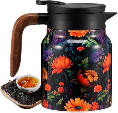 VHV - Theepot - Thermoskan - Theepot met filter - Isoleerkan - 800ml - Dubbelwandig - 12 uur warm - RVS - Voor reizen en camping - Vintage Bloemen - Oranje