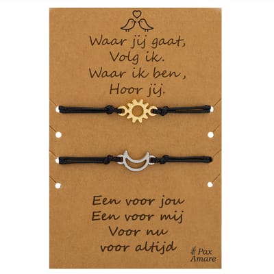 Vriendschapsarmbandjes voor 2 "Waar jij gaat, volg ik" - Zon & Maan - BFF Armbandjes met Persoonlijk Cadeau Kaartje - Zilverkleurig & Goudkleurig - Elastisch Verstelbaar - Pax Amare
