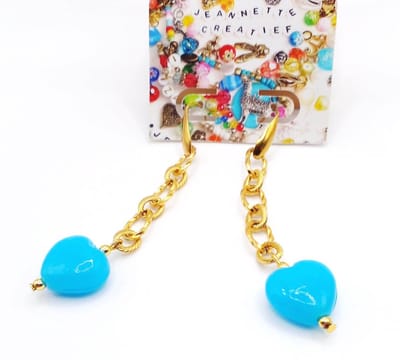 Jeannette-Creatief® - Beach - Bleu Hearts - Oorbellen Dames - Gouden Oorbellen - Oorbellen met Jasseron - Blauwe Oorbellen - Oorbellen met bedels - Oorbellen met Hartjes - Valentijn - Moederdag
