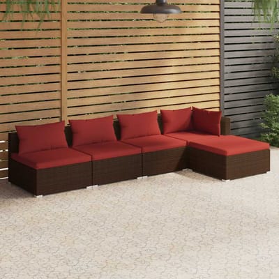 vidaXL - 5-delige - Loungeset - met - kussens - poly - rattan - bruin