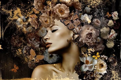 Ter Halle - Glasschilderij - Elegante Vrouw Met Bloemen En Vlinders - 110x160cm
