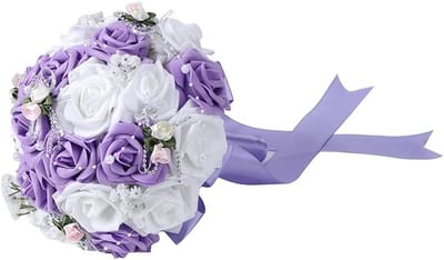 Kunstboeket Lila - Bruidsboeket Decoratie - Bruiloft Versiering - Met Nep Parels - 26 cm Lengte - Lila