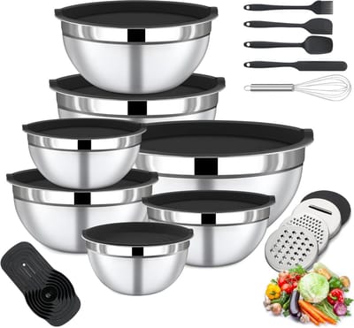 7-delige roestvrijstalen mengkomset met deksel, rasp en nestbaar ontwerp voor koken en serveren