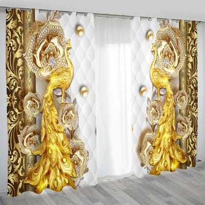 Retro Luxe Pauw serie Elegant Blauw Goud 2 Stuks Lichtfilterend Gordijn voor Woonkamer Slaapkamer Thuis Raam Drap Decor 75W60H(CM) 2PCS
