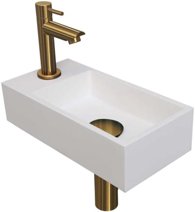 INK - Fonteinpack Polystone Links incl. Fonteinkraan - Design Sifon - Design Plug en Montageset - 360x180x90 Mm - Mat Wit/mat Goud