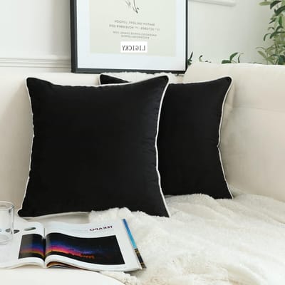 Set van 2 Zwarte Velours Kussenhoezen met Witte Touwrand - Modern Minimalistisch Design voor Sofa en Slaapkamer, 50x50cm, Decoratieve Kussens voor Feestjes en Interieurstyling