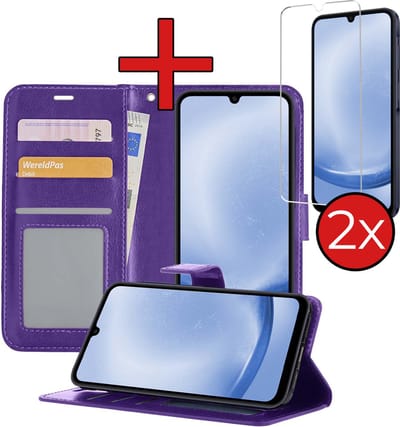 Hoesje - Met 2x Screenprotector - Geschikt voor Samsung Galaxy A25 - Luxe Pasjeshouder - Flip Case - Bookcase Portemonee - Kunstleer Book Case - Flipcase Hoes - Book Cover - Walletcase - Portemonneehoes - Telefoonhoes - Paars