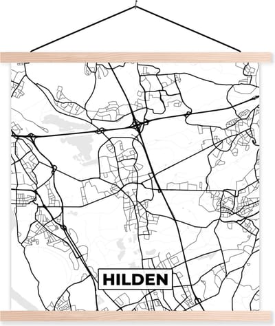 Posterhanger incl. Poster 40x40 cm - Schoolplaat - Plattegrond - Hilden - Kaart - Stadskaart - Textielposter - Blanke latten - Stadskaart