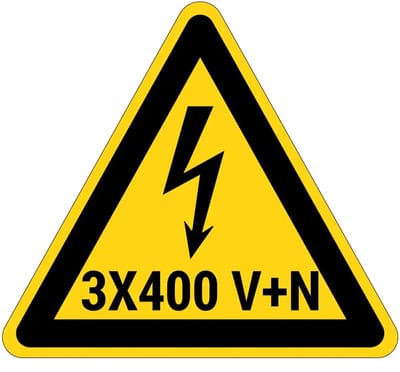 3x400 V+N volt elektrische spanning waarschuwingsbord | gecoat dibond materiaal | 15 cm