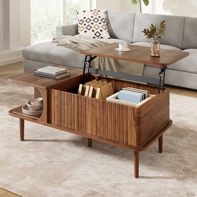 Urban Loft - Serie Metro - Salontafel 100 cm - Hoogte Verstelbaar Blad (Een Zijde) - Notenhout & Verticale Groeven - Schuifdeur & Grote Opbergruimte