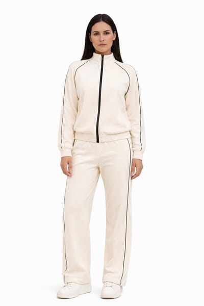 Trendy Trainingspak Dames - Joggingspak - Broek en Vest - Wit - Beige - Mode