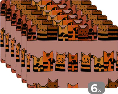 Placemat - Placemats kunststof - Katten - Patronen - Dieren - Kinderen - 45x30 cm - 6 stuks - Hittebestendig - Anti-Slip - Onderlegger - Afneembaar