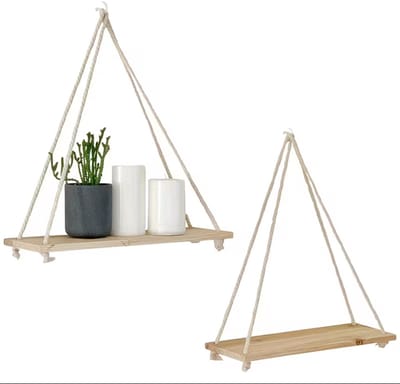 Beige houten wand plank hangend met touw ophanging zwevende plank rustieke wanddecoratie plank voor woonkamer slaapkamer badkamer boho stijl