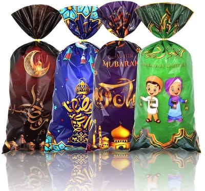 Dailygoods- Goodie Bags 100 Stuks - Eid Mubarak - Moskee Patroon - Plastic Zak - Gouden Twistbanden - Feestdecoratie - Traktatietassen
