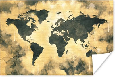 Poster 30x20 cm - Wereldkaart - Zwart - Bruin - Posters - Kamer decoratie - Wanddecoratie woonkamer - Muurdecoratie slaapkamer