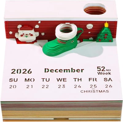 Tijdstukkalender 2026 bureaukalender, 3D-zelfklevende notities met licht, afscheurbaar papiersnijwerk, kunstmemo, doe-het-zelf berichtnotities voor kantoor, thuis, geschenken, ornamenten (kerstkousen)
