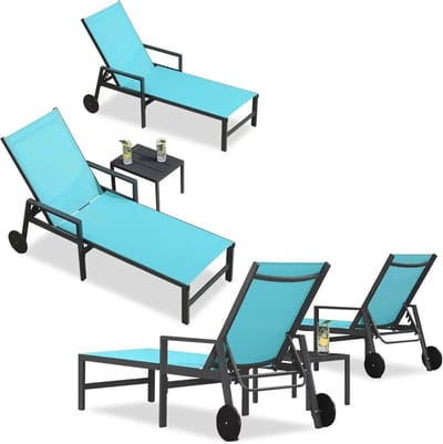 Allero Ligbed - Loungestoel - Twee Stuks - Incl. Bijzettafel Blauw - Loungestoel Buiten - Loungeset - Rugleuning Verstelbaar