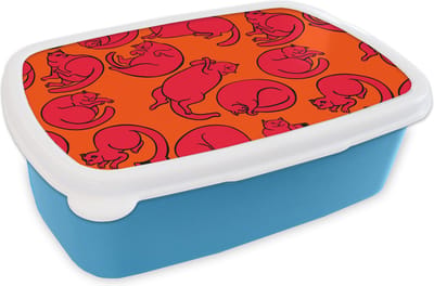 Broodtrommel Blauw - Lunchbox - Brooddoos - Patronen - Kat - Oranje - Jongens - Meisjes - Kinderen - Kindje - 18x12x6 cm - Kinderen - Jongen
