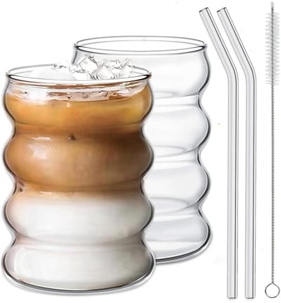 2 stuks Bubble Glazen, 350 ml Geribbelde drinkglazen met glazen rietjes, dikwandige en robuuste smoothiebekers van hoogwaardig glas, luchtdicht en waterdicht ontwerp, ideaal als koffie