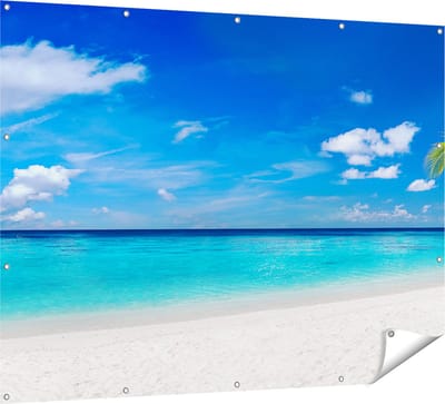 Gards Tuinposter Tropisch Strand met een Palmboom - 160x120 cm - Tuindoek - Tuindecoratie - Wanddecoratie buiten - Tuinschilderij