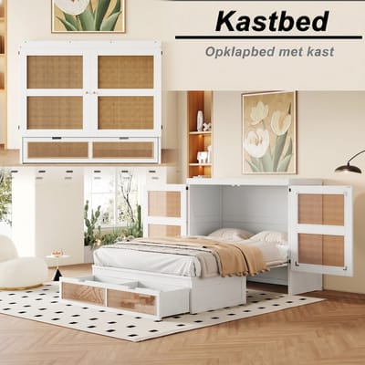 VVBV Opklapbed 140x200 cm - Opbergruimte, Lades, App-bediening, Lattenbodem, Voor Kinderen/Tieners - Hout/Rotanlook Wit
