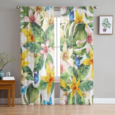 Natuurlijke Bloemen Bladeren Exotische Transparante Gordijn Voor Woonkamer Slaapkamer Voile Gordijnen Voor Raam Organza Gordijnen Feest Tule Draperieën 135W x 114H(cm) beige