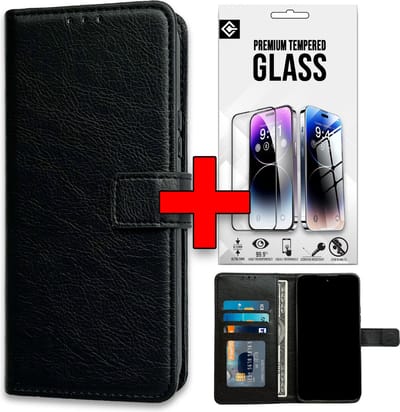 Casemania Hoesje Geschikt voor Oppo Reno 11F - Reno 11 F - Zwart & Glazen Screenprotector - Portemonnee Book Case - Kaarthouder & Magneetlipje