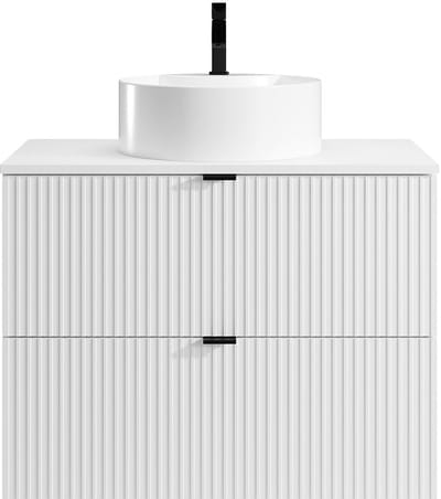 Vente-unique Geribbeld hangmeubel voor badkamer met ronde opbouwwastafel - Mat wit - 80 cm - ZEVINI