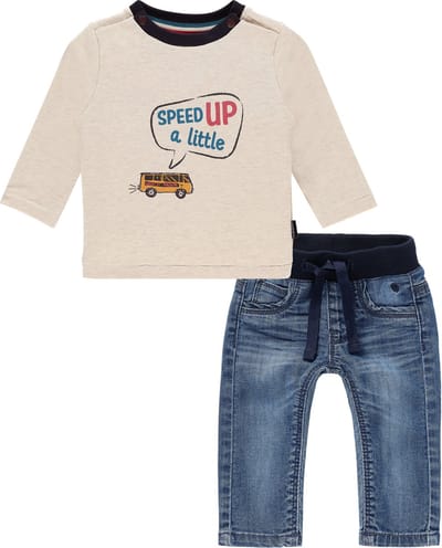 Noppies - Kledingset - 2delig - Jeans denim - shirt oatmeal met print - Maat 74