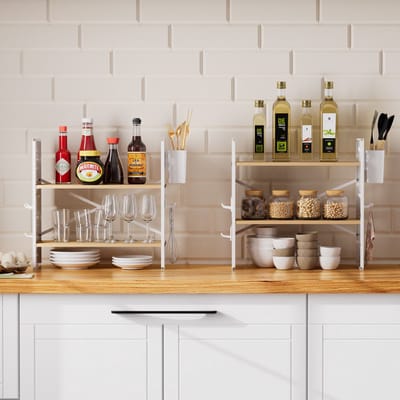 EGGREE Vrijstaand kruidenrek met 2 niveaus - keukenplank voor op het aanrecht met ABS-haken en opbergbakjes - Compact rek voor keuken - eetkamer of kantoor (Wit, 40×15×40 cm)