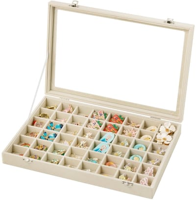 Dailygoods- Sieradendienblad 48 vakken - Verstelbare Oorbelhouder - Glazen Deksel - Fluwelen Lade - 35 x 24,1 x 5 cm - Premium Materiaal - Sieradenbox