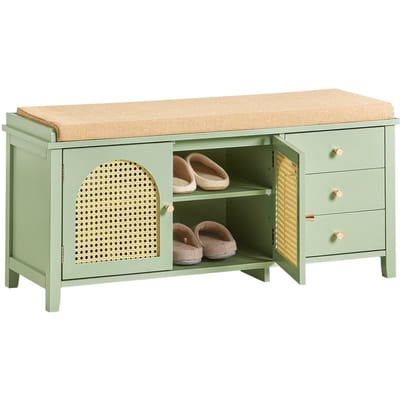 SoBuy Schoenenbank met Gestoffeerd Kussen, Schoenenkast, Lage Kast, Opbergkast met 3 Lades en 2 Deur, 100x34x46 cm Groen, FSR129-GR, voor Gang Entree Woonkamer Slaapkamer