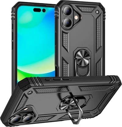 iPhone 16 Zwart Premium Kickstand Armor Hoesje - Extreme ShockProof iPhone 16 Zwart Backcover - Ultra Luxe Hybrid Armour iPhone 16 Case - 360° Rotating Ring Grip Kickstand