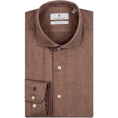 Thomas Maine Overhemd Roma Modern Kent Herringbone Flanel Tencel Tabac / male