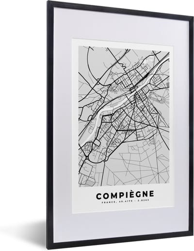 Fotolijst incl. Poster - Compiègne - Plattegrond - Frankrijk - Kaart - Stadskaart - 40x60 cm - Posterlijst