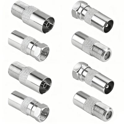 Ynkkvre -Coax Adapter Set 8-delig – F-Stekker & TV-Stekker/BUS Adapter – 75 Ohm Vernikkeld Messing – Voor SAT, Antenne, TV, Receiver & Modem