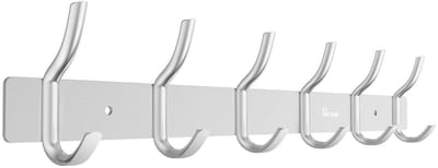 Allecto - Wandmontage kleerhanger rek - 6 haken aluminiumlegering - Zilver - Keuken accessoires - Badkamer opslag - Geschikt voor muur - 42 cm