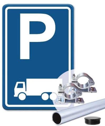 Parkeerbord Vrachtwagen - blauw - Weerbestendig Aluminium - 30x45 cm - Bevestiging: Met paal 150 cm + paalbeugels + paaldop