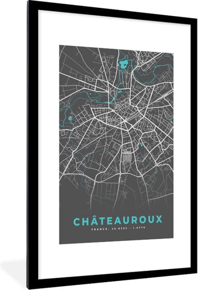 Fotolijst incl. Poster - Châteauroux - Plattegrond - Stadskaart - Frankrijk - Kaart - 80x120 cm - Posterlijst