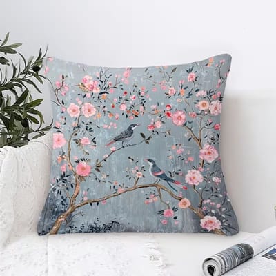 Velvet kussensloop met bloemen en vogels – luxe fluweel sierkussenhoes 45x45 cm – decoratieve kussenhoes zonder vulling – romantische blossom print in grijs blauw