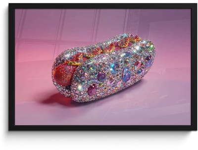 Poster in lijst - Fotolijst 60x40 cm - Posters - Hotdog - Steentjes - Glitters - Paars - Posterlijst zwart - Decoratie - Wanddecoratie woonkamer - Muurdecoratie slaapkamer