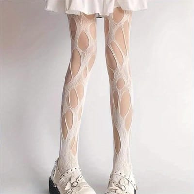 Sexy Punk Dames Kous met Gaten Visnet Sokken Gothic Kant Party Ondergoed Panty one-size wit