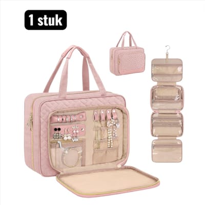 1 stuk - Sieradenrekjes Dames - Toilettas Hangend - Grote reistas met sieradenvak en make-uptasje - Verzorging op Reis - Draagbare reisset - Roze