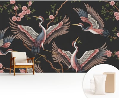 Wallfluent Behang - Bloemenpatroon Muurbehang - 416x254 cm - Zwart Behang - Voor natuurliefhebbers en liefhebbers van minimalisme - Behang Voor de slaapkamer, woonkamer en badkamer - Wanddecoratie Dieren