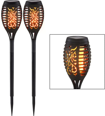 Set van 2 LED solar buiten plug-in lampen brandeffect decor ponsen tuinpad decoratie aarde spike lichten