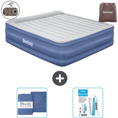 Bestway luchtbed - 2-Persoons - 193 x 203 x 56 cm - Grijs/Blauw - Inclusief pomp - Hoeslaken en Reparatieset