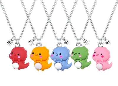 Bixorp Friends BFF Ketting voor 5 met Schattige Dino - Blauw, Groen, Roze, Rood & Oranje - Dinosaurus met ei - 45cm + 5cm verstelbaar