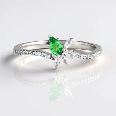Cavill - Damesring 925 Sterling Zilver Gerhodineerd - Peervormige Lemshuku Tsavoriet 0,19 ct & Witte Topaas 0,74 ct - Elegante Groene Edelsteen Ring